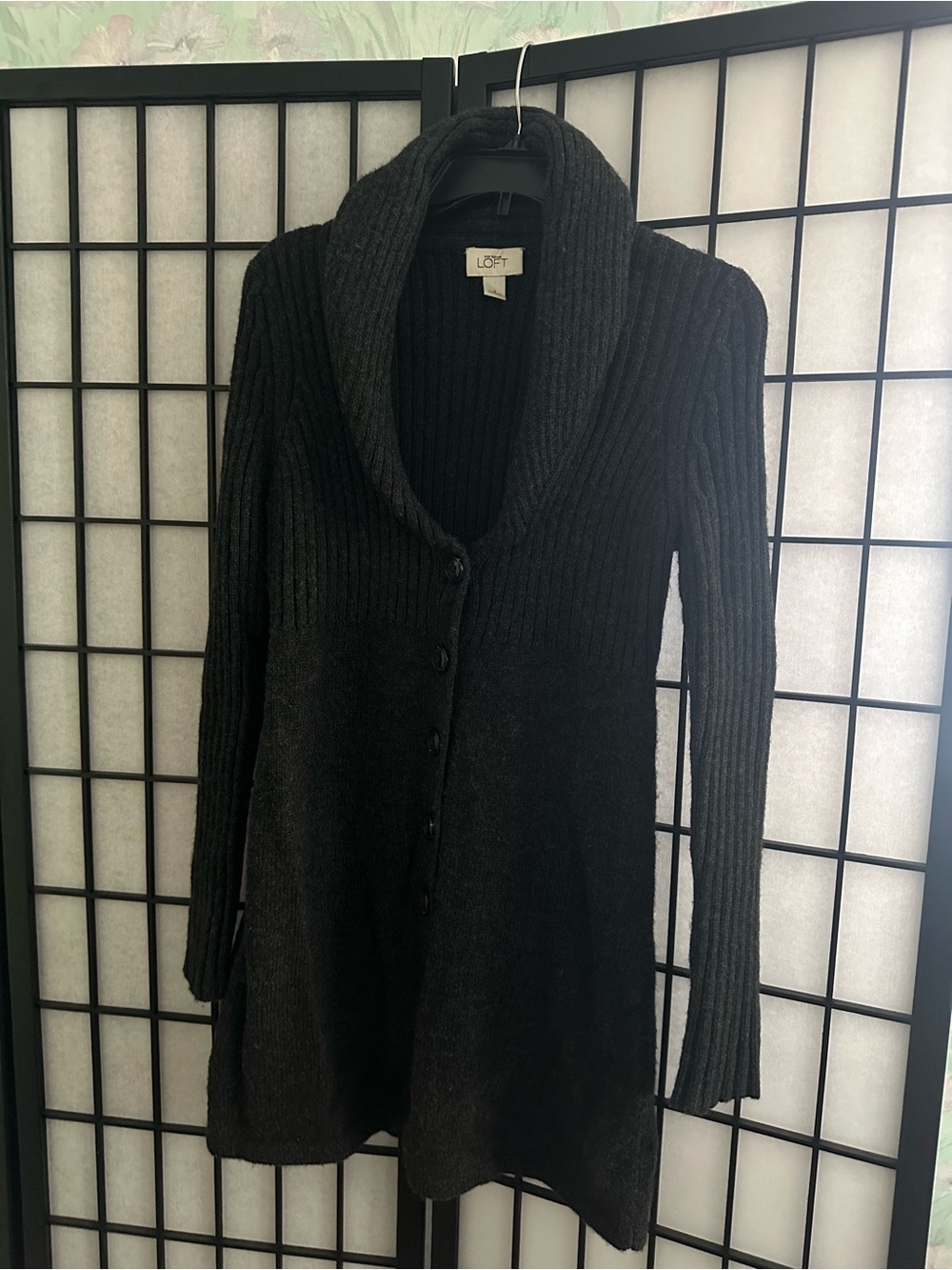 LOFT Women's Black Ribbed Shawl-Collar Button Cardigan Sweater